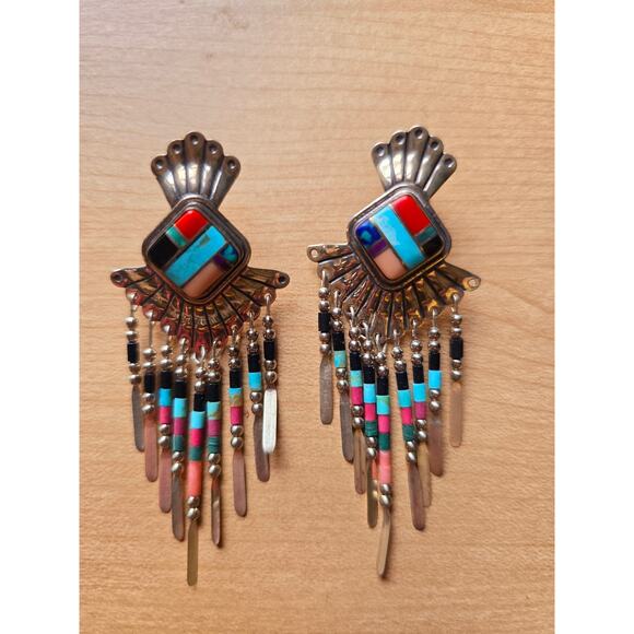 QT Quoc Turquoise Sterling Silver Southwestern Fringe Drop Earrings Signed - Picture 1 of 6